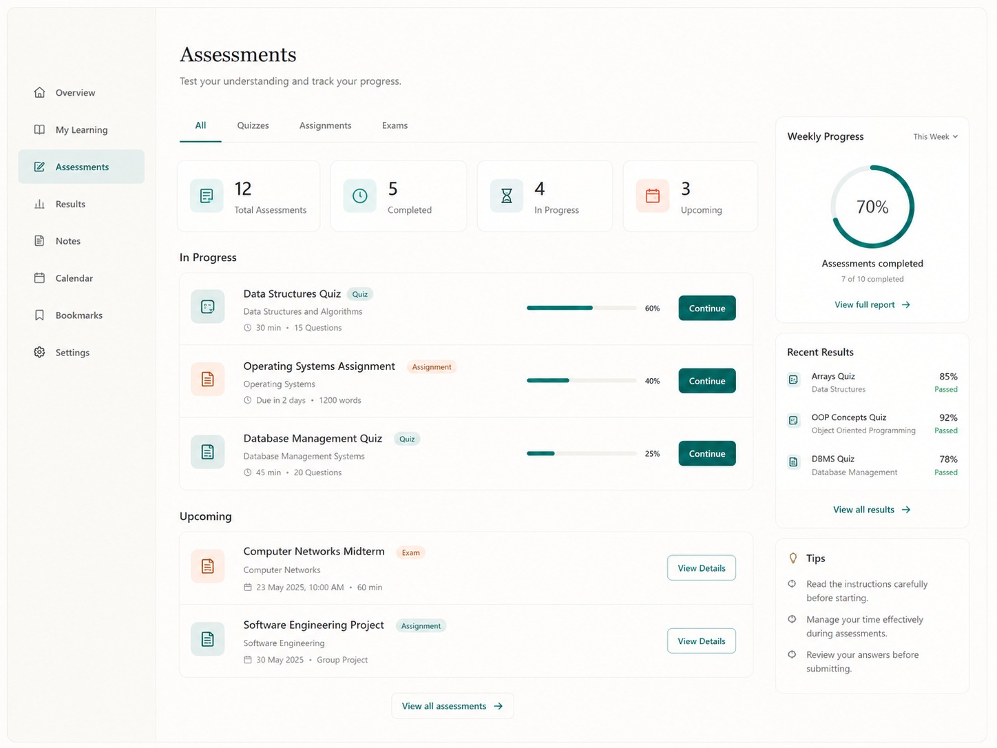 An assessments screen: counts of total, completed, in-progress and upcoming assessments, a list of quizzes and assignments each with a progress bar and a Continue button, and a weekly progress ring at 70% beside recent results.
